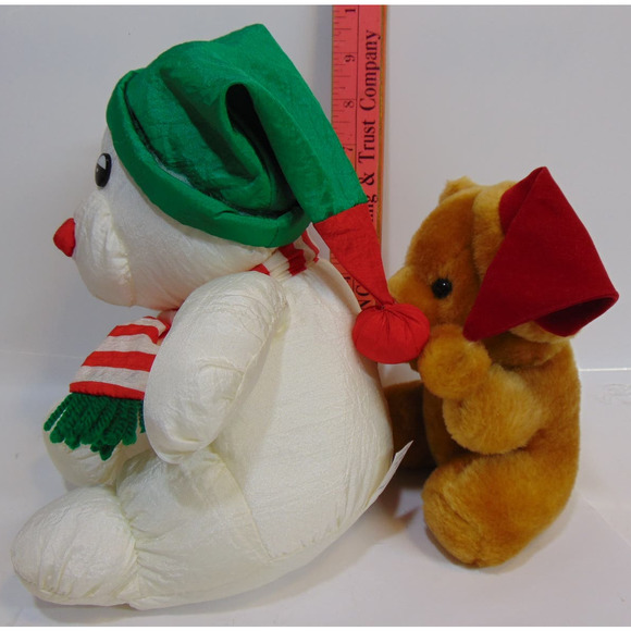 Vintage Christmas Bears Teddy Silk Hat Scarf White Brown Red Nose Plastic Eyes - Picture 9 of 9